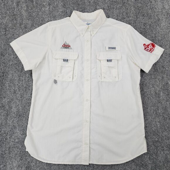 Columbia PFG Shirt Women Medium White Coors Light CCMF Short Sleeve Hiking Vent - Picture 1 of 16